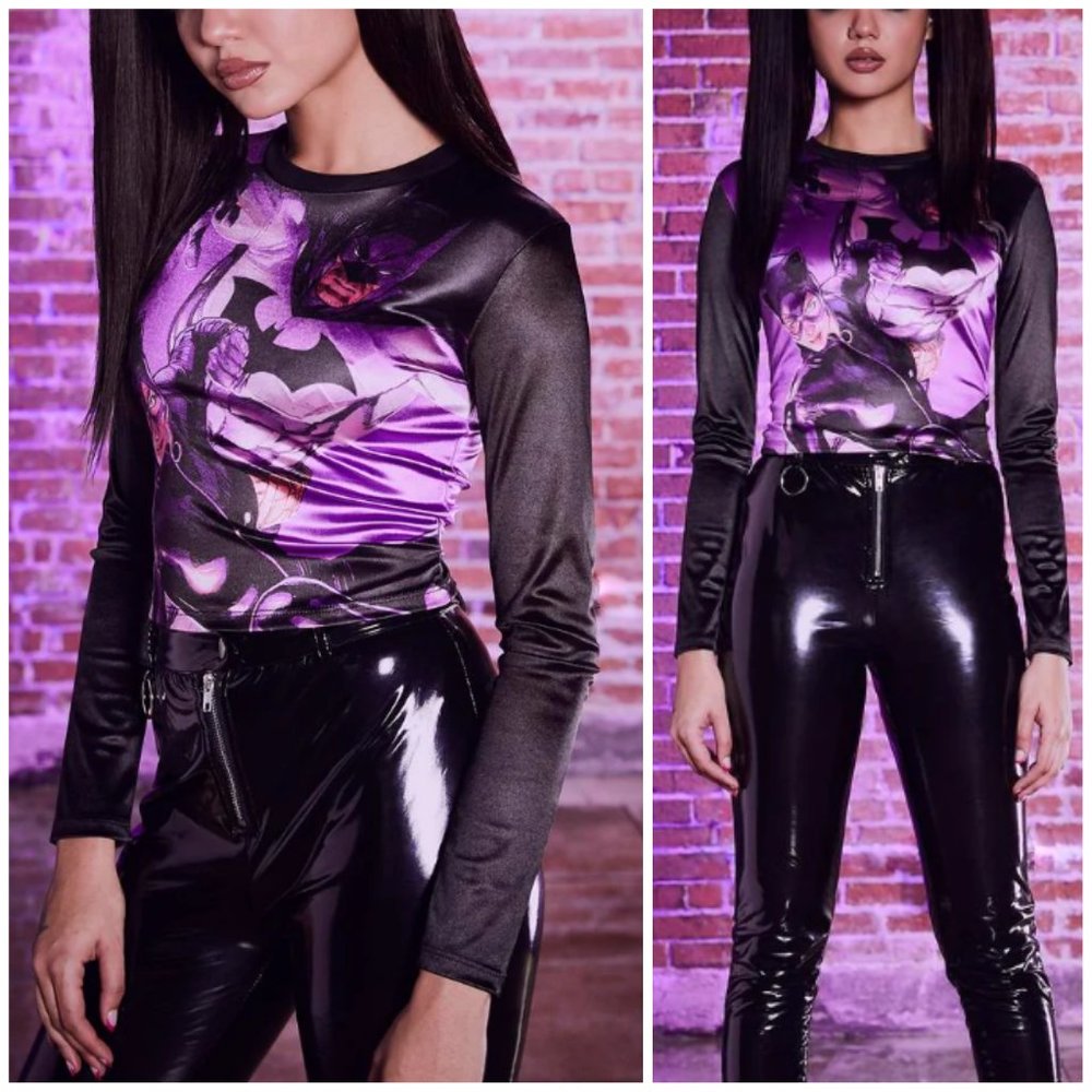 Dolls Kill x DC Comics Satin Catwoman and Batman Graphic Long Sleeve Tee Retro